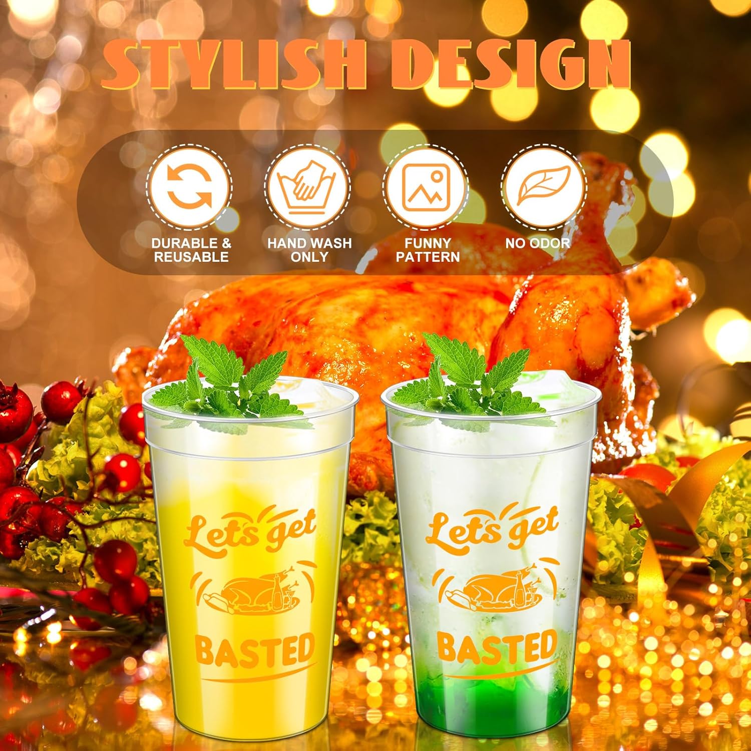 12 Pack 16 oz Thanksgiving Reusable Plastic Cups Thanksgiving Stadium Cups Gobble Design Thanksgiving Party Supplies Clear Fall Cups for Dinner Celebration Friendsgiving Party (Stylish)